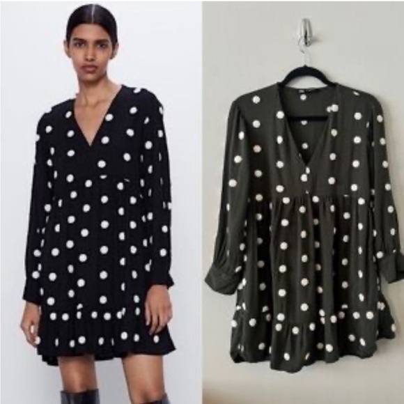 Zara Dresses & Skirts - Zara Black Polka Dot Mini V-neck Long Sleeve Dress Size M Trendy Minimalist